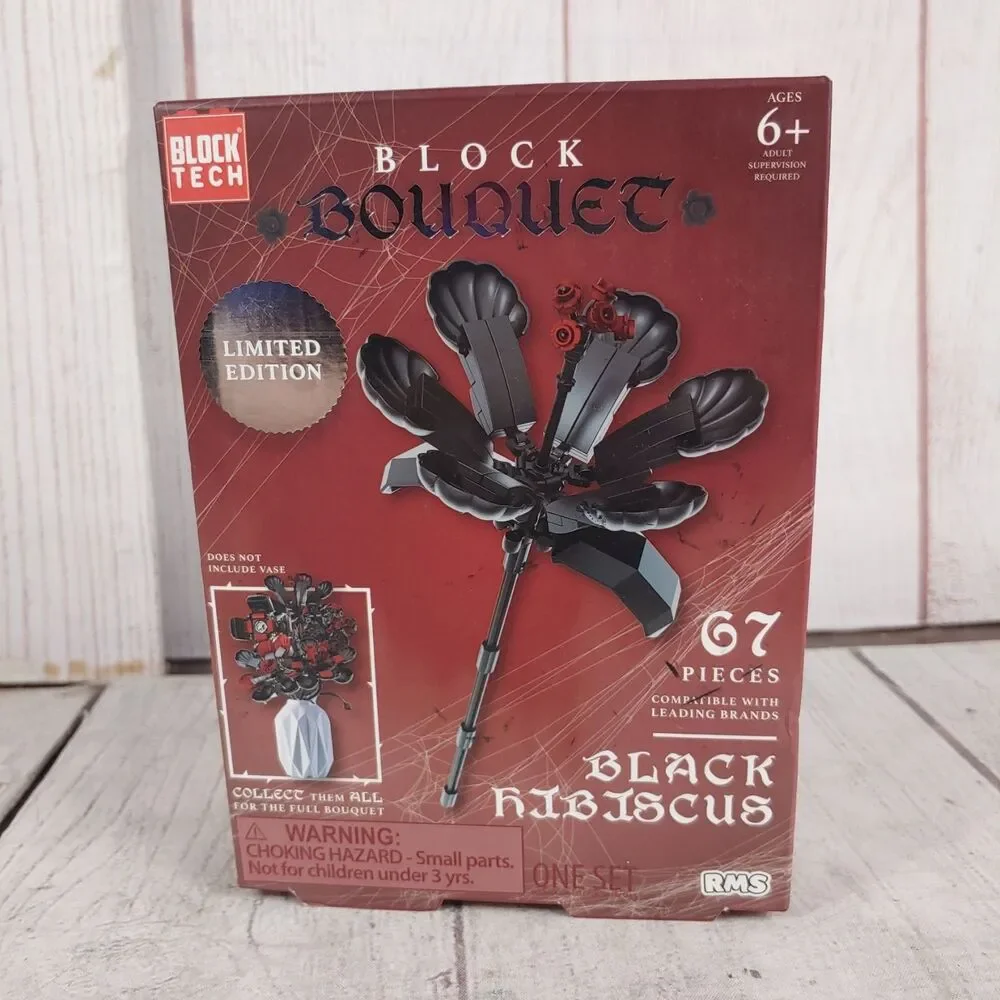 Block Tech Block Bouquet Black Hibiscus Flower Building Block Set 67 Pieces NIB